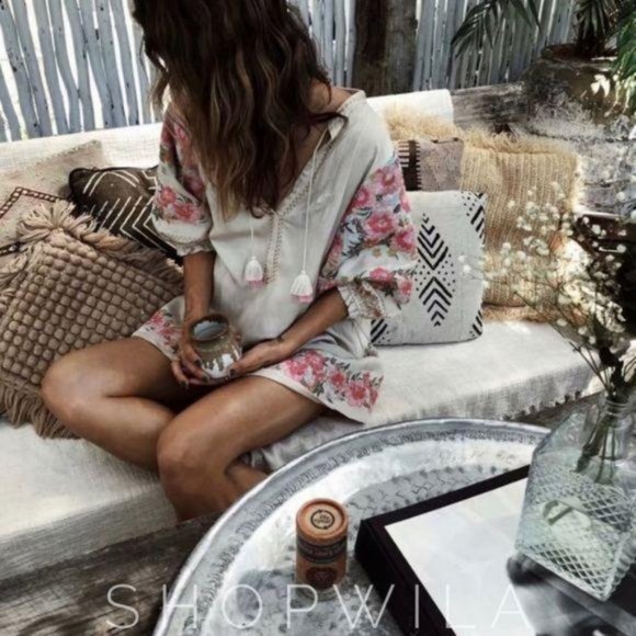 Embroidered Floral Puff Sleeve Boho Dress pink tan - Picture 4 of 7